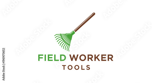 Green garden rake with wooden handle.