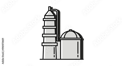 Industrial building with smokestack and dome.