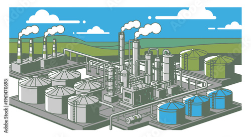 Industrial factory with smokestacks and tanks.