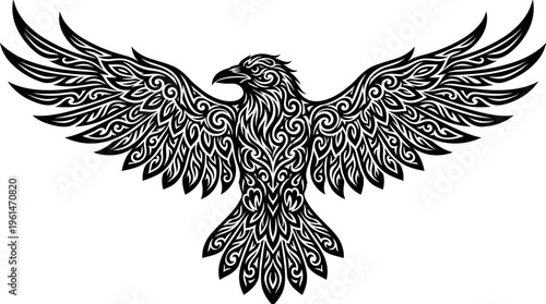 Tribal raven with stylized wings and feather