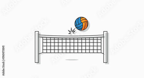 Volleyball in air over net.