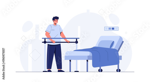 Physical Therapy Patient Using Parallel Bars in Hospital Room with Bed