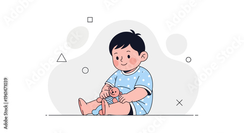 Cute Baby Sitting with Teddy Bear, Playful Childhood Illustration