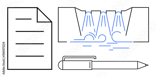 Document organization, writing concepts, sustainability, water purification, business planning, environment. Paper, pen and water filtration graphic elements. Document management and sustainability