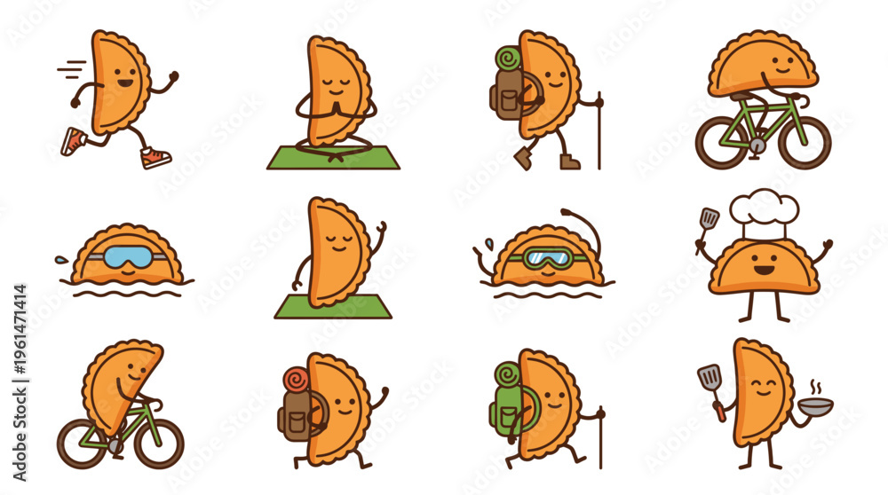 Obraz premium Cute empanadas mascot character vector set engaging in sports and activities like running, cycling, hiking, swimming, yoga, and cooking for funny food cartoon design illustration.