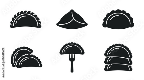 Traditional empanadas solid black silhouette vector icon set featuring various pastry shapes, crimped edges, stacked dumplings, and pie on a fork for menu graphic design elements.