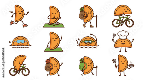 Cute empanadas mascot character vector set engaging in sports and activities like running, cycling, hiking, swimming, yoga, and cooking for funny food cartoon design illustration.