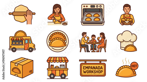 Vector icon set of empanadas making and selling process featuring baking, food truck, street stall, chef cooking, family eating, and delivery box for Latin American food design.