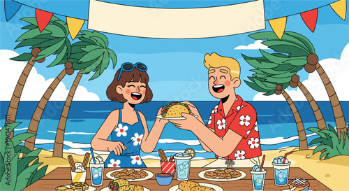 Couple Enjoying Beach Dinner Together Summer Vacation Illustration