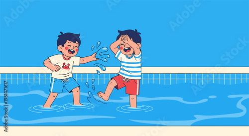 Kids Playing in Swimming Pool Splashing Water Summer Activity Illustration