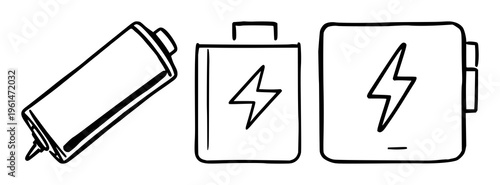 Battery charging icon set with flat minimal illustrations of multiple charging states from empty to full featuring battery, charging symbol, progress indicator with line art and vector graphics