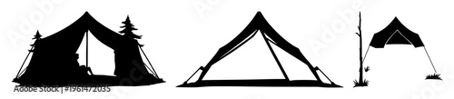 Tent camping silhouette set with simple line art design featuring simple design, minimalist, black and white with illustrations and graphics
