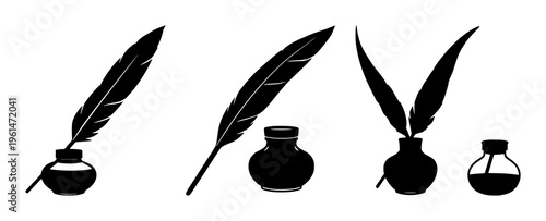 Quill and inkpot set with black silhouette design featuring writing tools, classic decor, stationery with ink and feathers