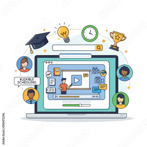 Online education platform illustration featuring a virtual instructor on a laptop screen surrounded by diverse student profiles and learning icons.