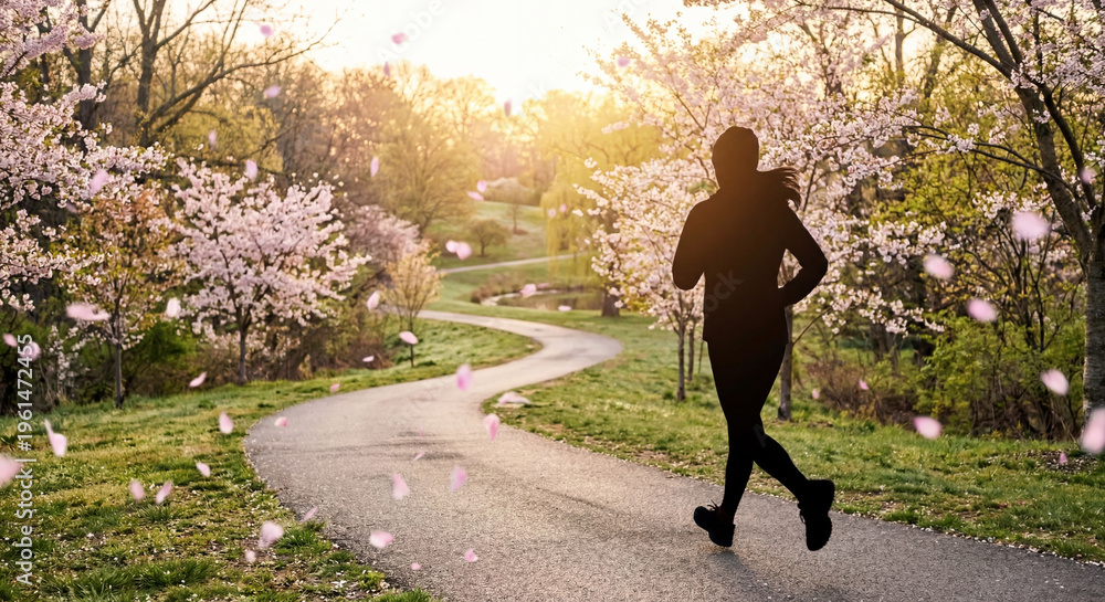 Obraz premium Runner Jogging on Cherry Blossom Path During Spring Morning