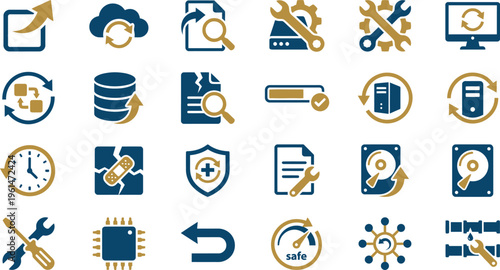 Various blue and gold digital icons representing technology, data, network, security, and maintenance concepts and solutions.