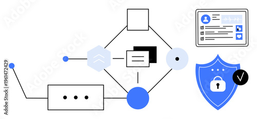 Digital security concept. Network, shields, and user interface show digital security in protecting sensitive data. Digital security ensures privacy and secure data transfer. Ideal for cybersecurity