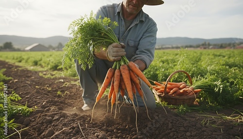 A farmer harvesting fresh carrots in a lush green field on a sunny day