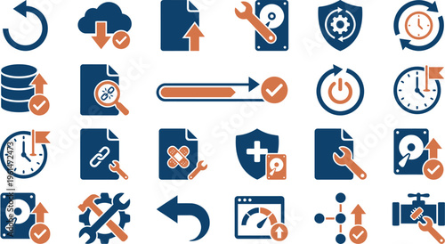 A versatile icon set depicting crucial digital concepts, including data management, cloud computing, system repair, and online security.