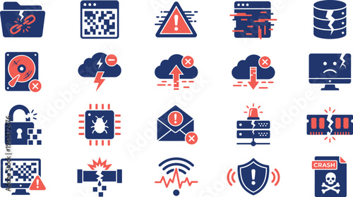Collection of modern vector icons representing various critical technology failures and digital security threats