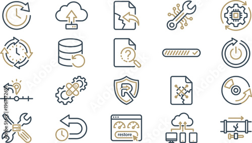 Collection of two color outline icons representing data backup restore system maintenance and recovery processes