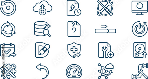 A comprehensive set of computer maintenance, repair, security, and data management line icons