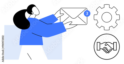 Email communication. A person holding an email envelope with a notification icon, accompanied by collaboration and workflow symbols. Email communication in digital messaging systems, teamwork