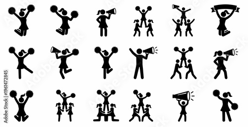 Black silhouette icon set of cheerleaders performing various stunts, acrobatic jumps, holding pom poms and shouting through a megaphone for sport team support cheer vector.