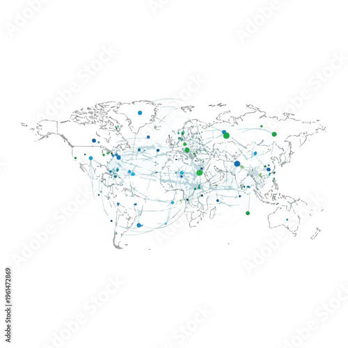 Abstract illustration of a global network showing interconnected data points and communication lines across a world map outline.