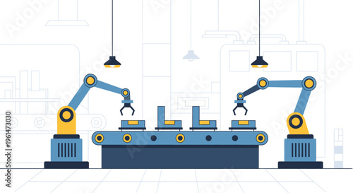 Industrial robotic arms at work station.