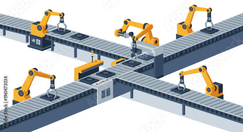 Industrial robotic arms on conveyor belts.