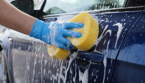A person wearing a blue glove uses a yellow sponge to thoroughly wash a dark blue car, covered in white soap suds and water.