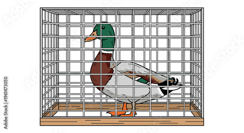 Mallard duck in a metal cage.