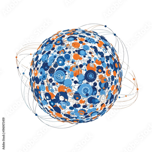 A vibrant abstract sphere composed of numerous interconnected blue and orange circles, symbolizing global communication and digital networks.