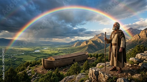 Noah overlooking his ark on a rugged mountaintop above a vast valley and river, with a vivid rainbow arching across cleared skies, signifying God's covenant and mercy.