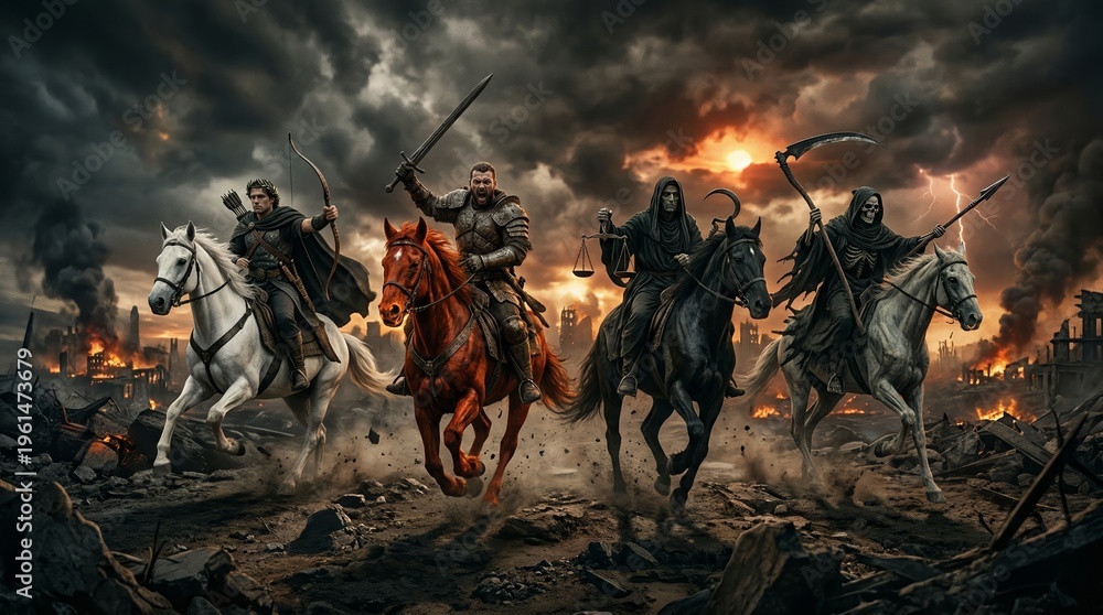 Fototapeta premium Epic depiction of the Four Horsemen of the Apocalypse charging through a burning, war-ravaged cityscape, evoking biblical judgment, conquest, war, famine and death.