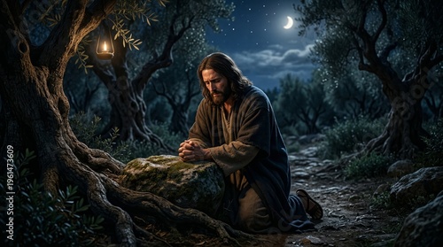 Jesus praying in the Garden of Gethsemane beneath moonlit olive trees, a solemn New Testament scene of supplication, anguish and devotion before the crucifixion