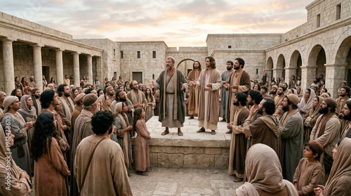 Jesus teaching disciples and a diverse crowd in an ancient courtyard, depicting New Testament scenes and Bible characters from Old and New Testament gathered to hear a sermon