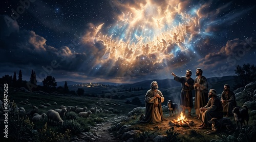 Shepherds in Bethlehem at night witnessing a radiant heavenly host of angels proclaiming the nativity, a biblical scene evoking Old and New Testament stories and worship