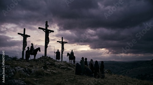 Atmospheric depiction of the crucifixion on Golgotha: three crosses with Christ and two thieves silhouetted against a stormy sky, mourners and soldiers gathered below