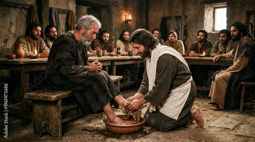 Depiction of Jesus washing the feet of his disciples in the upper room during the Last Supper, illustrating humility, service, and teaching among the gathered apostles.