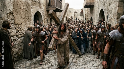 Dramatic portrayal of Jesus carrying the cross through crowded Jerusalem streets, flanked by Roman soldiers and grieving followers as onlookers witness the Passion of Christ.