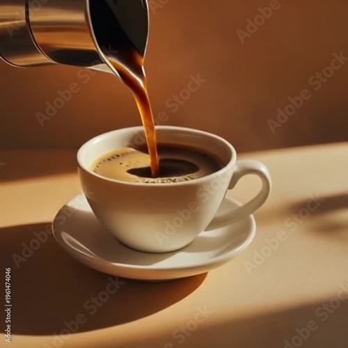 A video shows a steaming cup of coffee being poured in a cozy setting