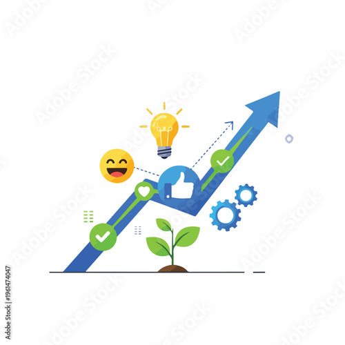 Conceptual illustration of business growth, innovation, and social media engagement with a rising arrow and various icons.