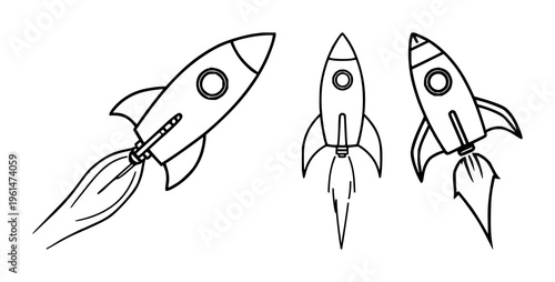 Rocket ship set with dynamic launch trajectory and flame effect featuring rocket, launchpad, propulsion with symbols and icons