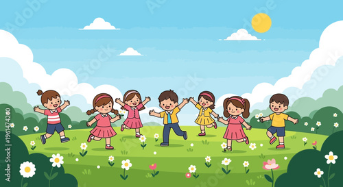 Children Playing Happily in a Sunny Green Park with Colorful Flowers