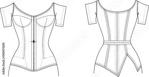 WebTechnical fashion sketch of corset‑style top with front and back views, featuring structured cups, seam lines, short sleeves, tailored waist, and asymmetrical hem illustration