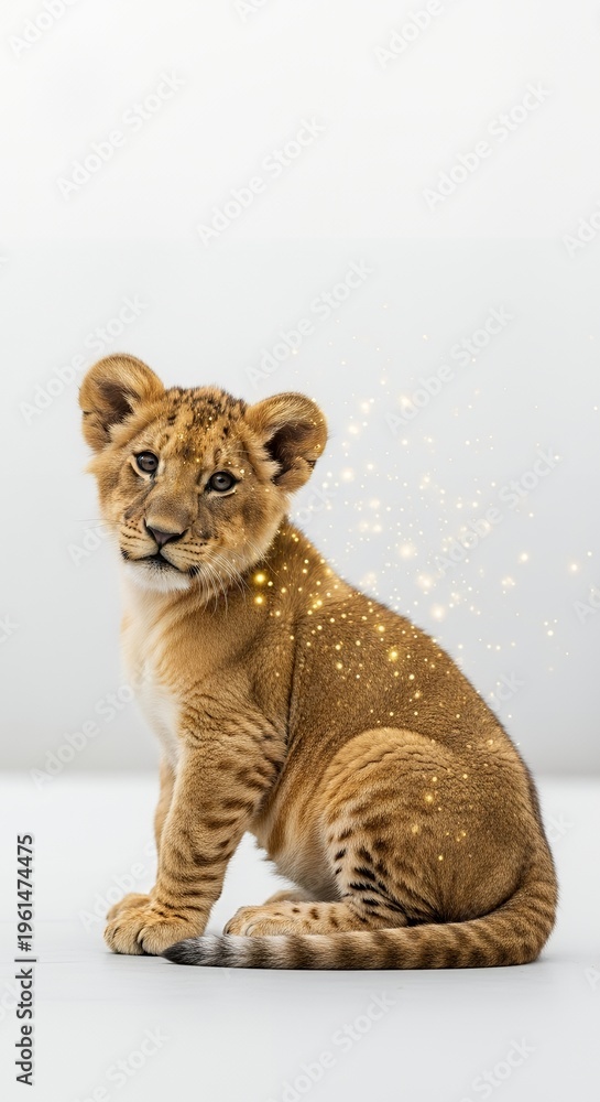 Obraz premium Cute lion cub sitting alone.