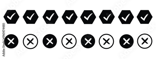 Check tick mark icon set. Cross box x check mark checkbox v list vector draw hand drawn sketch doodle brush marker checklist symbol wrong right circle. Vector 