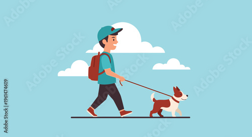 Boy walking dog on leash outside.